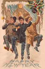 1909 New Year Postcard Three Men Celebrating Snow Holly Clock Midnight USA Flag