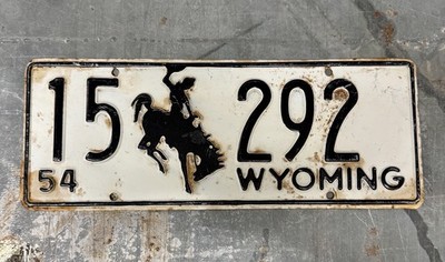 Vintage Black And White 1954 Wyoming License Plate