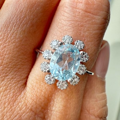 925 Sterling Silver Ring 8x6mm Natural Blue Topaz Zircon Handmade Flower Gift