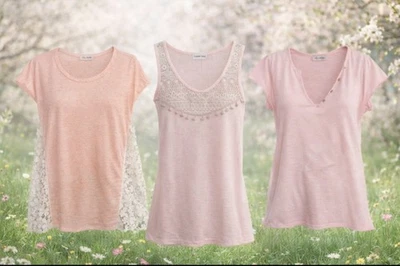 🛍 LOT 3 TEE SHIRTS ROSE ❤️ DENTELLE FLEUR POMPON COTON CHINÉ FEMME FILLE M L 40 - Photo 1/4