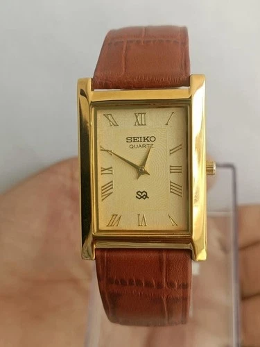 Vintage Seiko Slim Tank Quartz Men Golden Dial Dress Watch-Free DDP Shipping