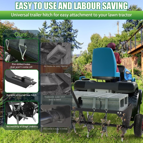 Doniks 48-Inch Tow Behind Plug Aerator - 30 Galvanized Steel Tines, Weighted Tray Holds 125 Lbs, Transport Wheels For Lawns & Gardens