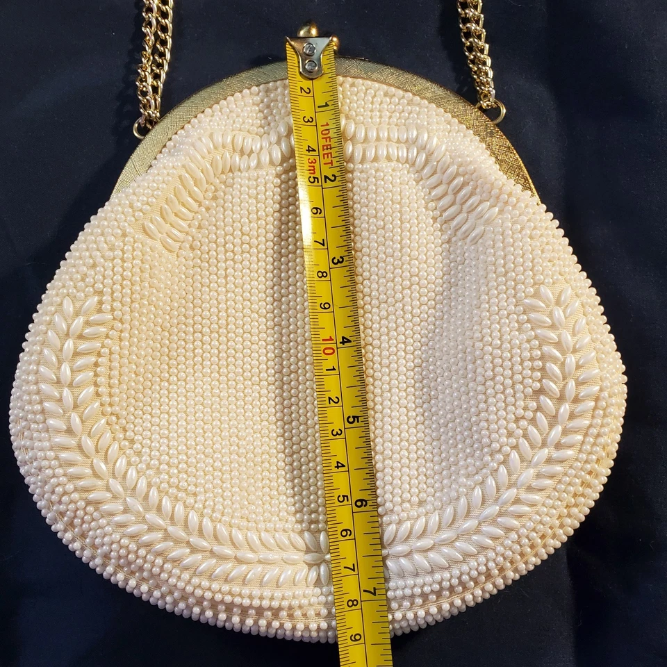 Vintage Handmade Seed Pearl Beaded Evening Bag Ivory Kiss Lock made in Hong Kong Foto 3 de 4