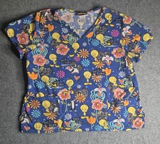Looney Tunes Women Scrub Top Xl Blue Graphic Tweety Sylvester Short Sleeve