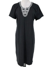 Talbots Dress Womens Large Black Cotton T-shirt White Embroidered Trim Pullover
