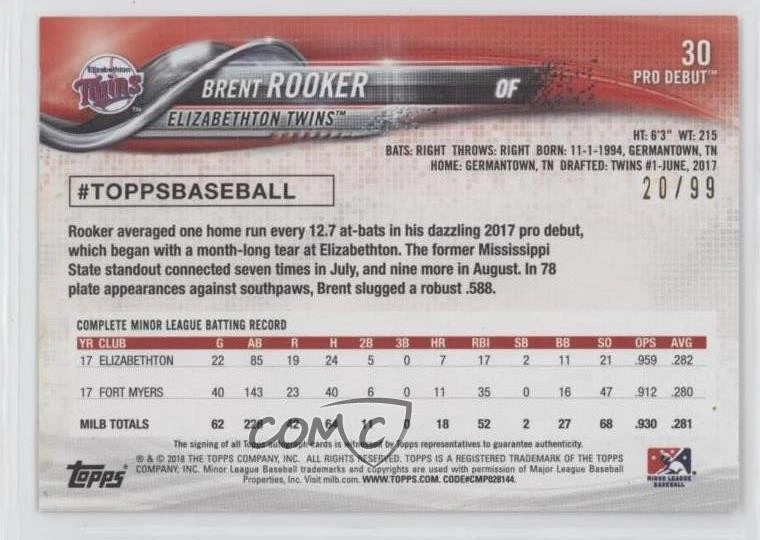 2018 Topps Pro Debut Green Auto /99 Brent Rooker #30 Auto - Image 2 of 2