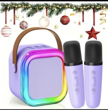 Kids Karaoke Machine w/ 2 Mics Bluetooth 5.0 TWS LED Lights Voice Changer