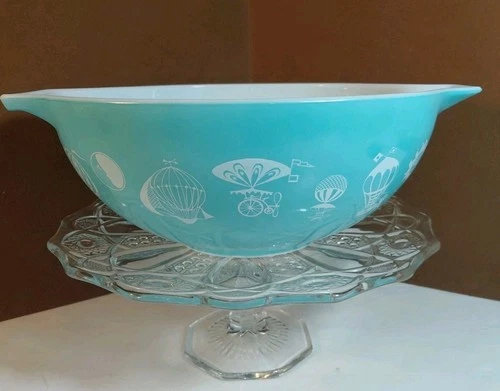 VTG Pyrex Turquoise HOT AIR BALLOONS 4QT Cinderella Bowl #444 Handles Kitchen