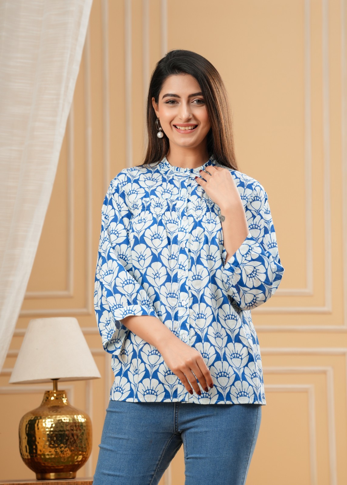 Printed Kurta Top Women Pure Cotton Floral Button Front Ruffle Collar 3/4 Sleeve