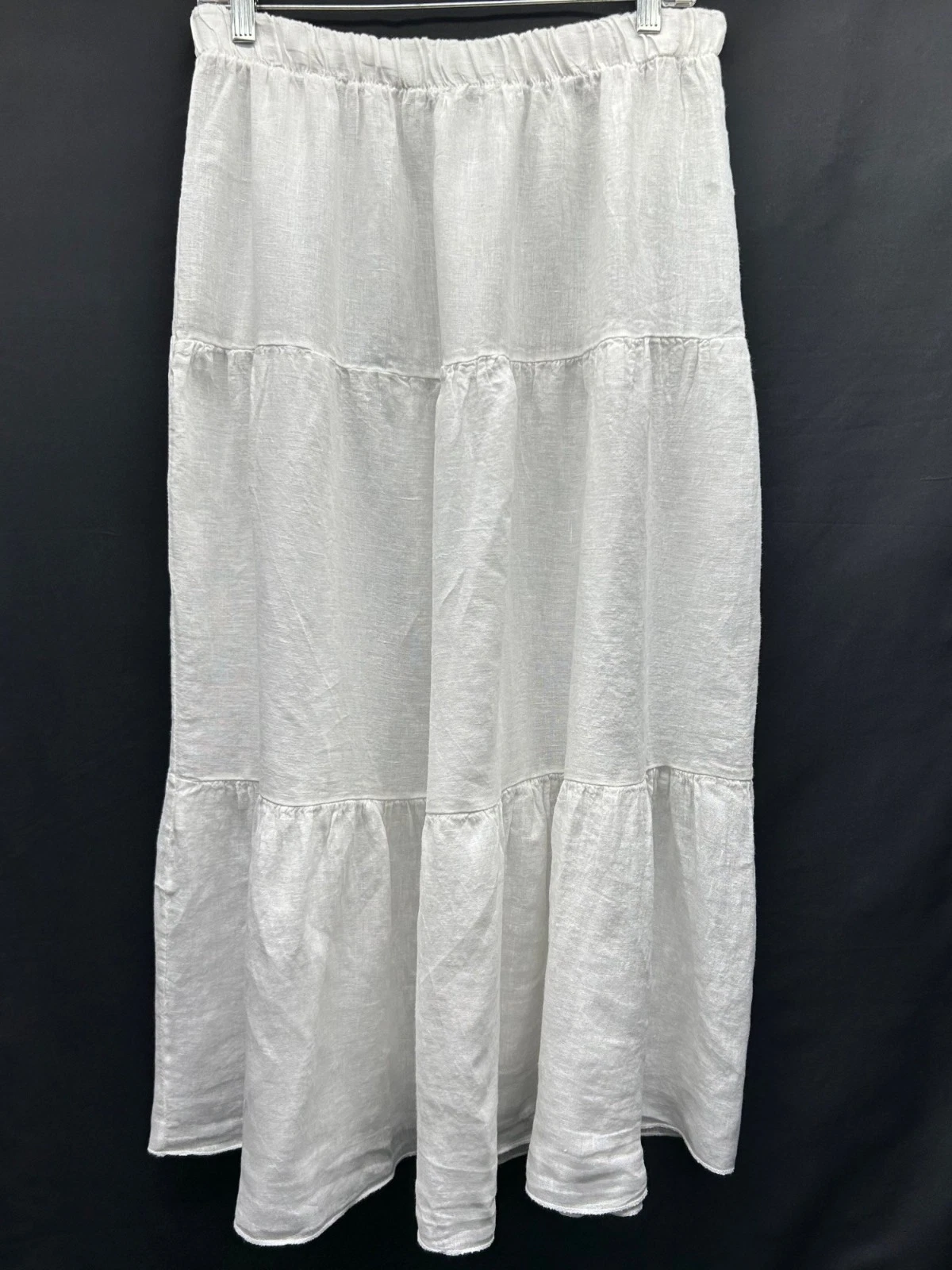 White Tiered Linen Maxi Skirt Made In Italy Elastic Waistband Lightweight Fabric