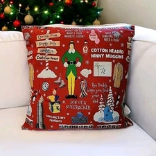 Buddy The Elf Collage Red Background Holiday Decorative Throw Pillow 18" EUC 
