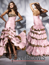 Tony Bowls Couture Pink Leopard High Low Mermaid Gown Strapless Pageant sz 0 NWT