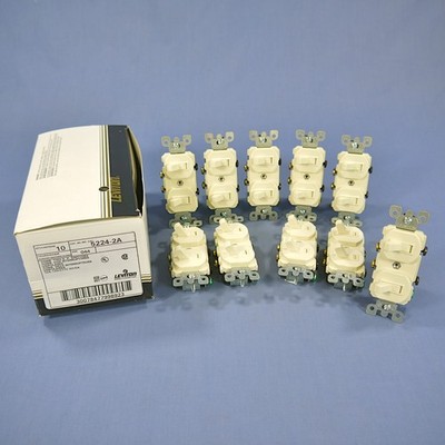 10 Leviton Almond Double Light Switches Duplex Toggle 15A Single Pole 5224-2A