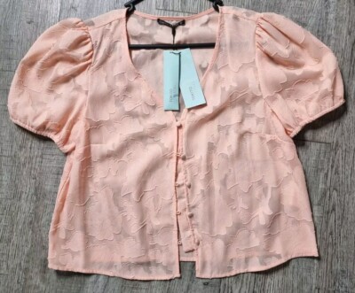 Tokito Petites Blouse Short Puff Sleeve  S 10 Apricot Sheer Floral Buttons (B239