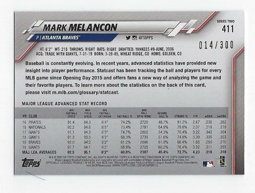 2020 Topps Series 2 #411 Mark Melancon Advanced Stats Parallel #'d 014/300 - Picture 2 of 2