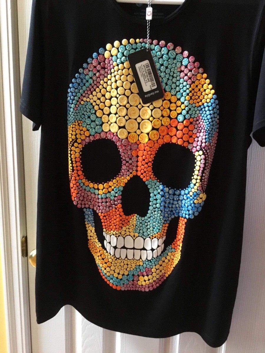 Ay Guey Multi-Color Skull T-Shirt, Size M, Black Heavy Fabric