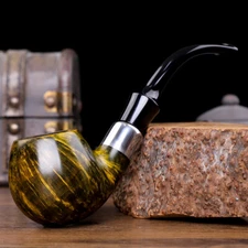 Handmade Briar Pipe Wooden Curved Stem Tobacco Smoking Pipe With Decoration Ring