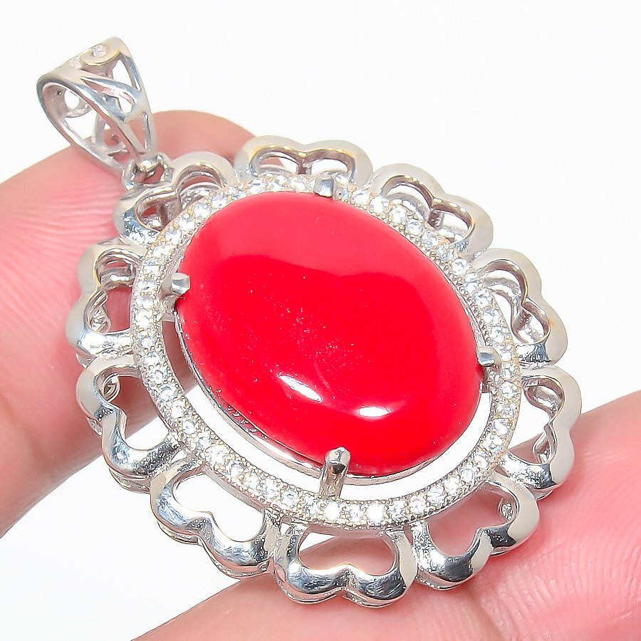 Italian Red Coral and Cubic Zirconia 925 Sterling Silver Pendant 1.6 Inch S1961
