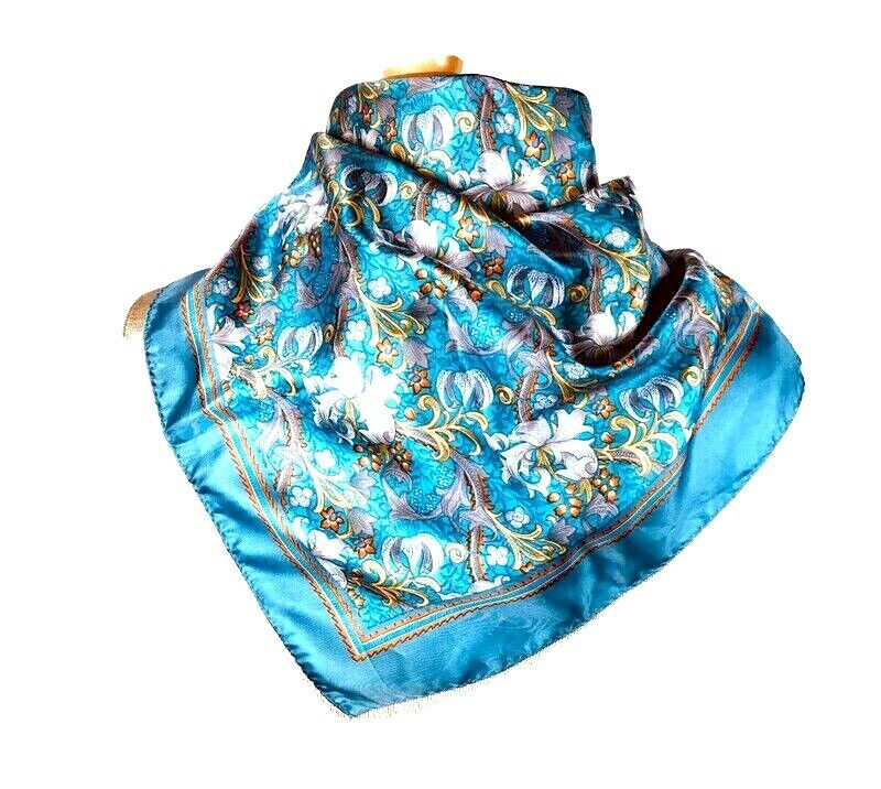Women Silky light scarf large fashion designer square 25-1/2 in. blue & gold