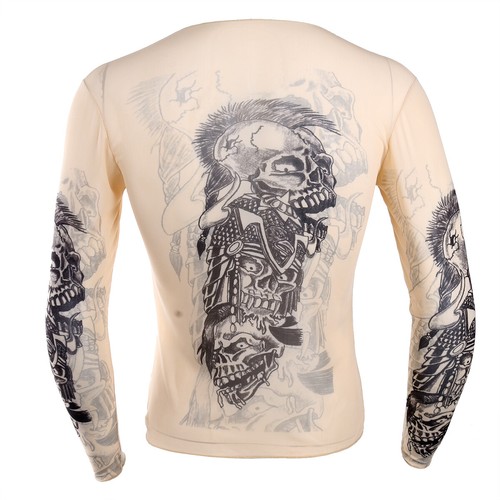 Mens Long Sleeve Mesh See Through T-shirt Fake Tattoo Blouse Shirt Party Fancy - Picture 7 of 56