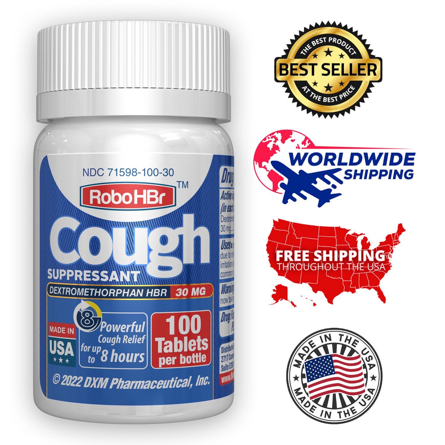 Robohbr Cough Suppressant, Dextromethorphan Hbr 30 Mg, 100 Tablets, 100 ...