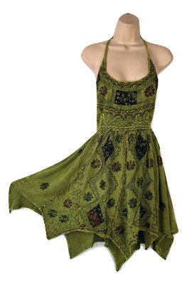 Bohemian Halter Dress Knee Length Pixie Hem Smocked Back Embroidered 8 10 12 14
