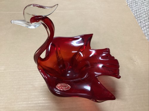 VTG Murano Glass Swan Bowl, Large, Red/Clear , 8 W, 9 T, Org Sticker. Decorative - Picture 3 of 4