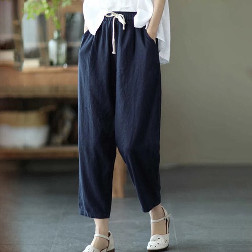 New Ladies Cotton Linen Harem Pants Baggy Loose Trousers Casual Retro Elastic - Picture 14 of 33