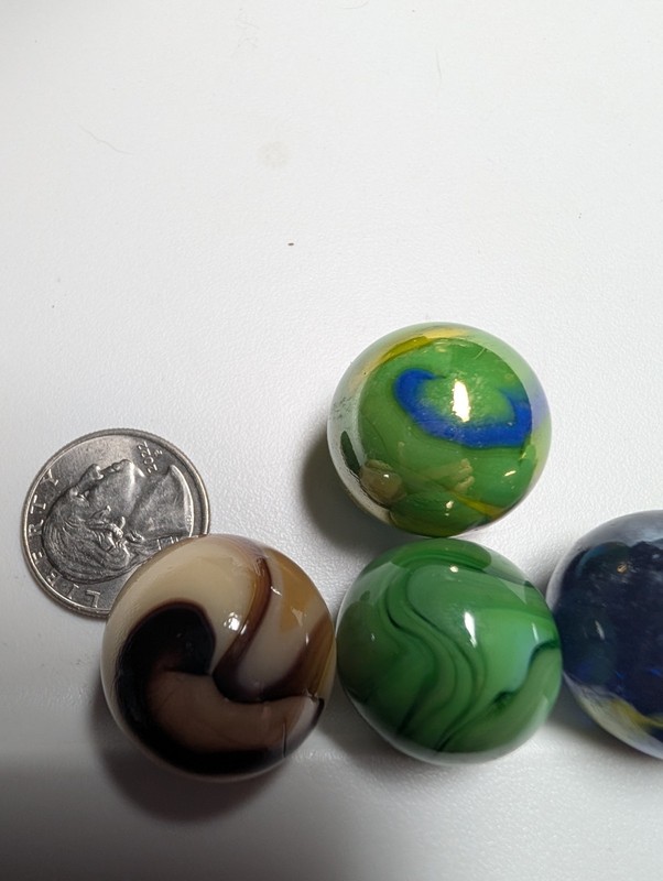 5 Cool Swirl Marbles, Nice Greens Blues Browns,  Shooters? Uranium??