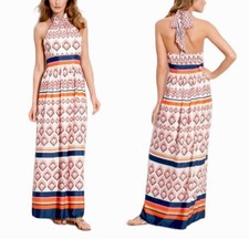 Eliza J Printed Halter Maxi Dress Women Sz 16 Peach Navy Cottagecore Resortwear