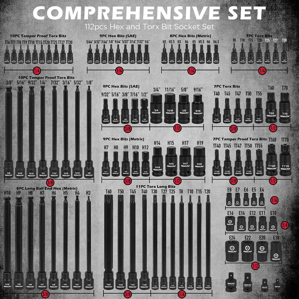 112Pcs Torx and Allen Bit Socket Set 1/4" 3/8" 1/2" Drive Bit Socket Adapter Hex - image 3 of 4