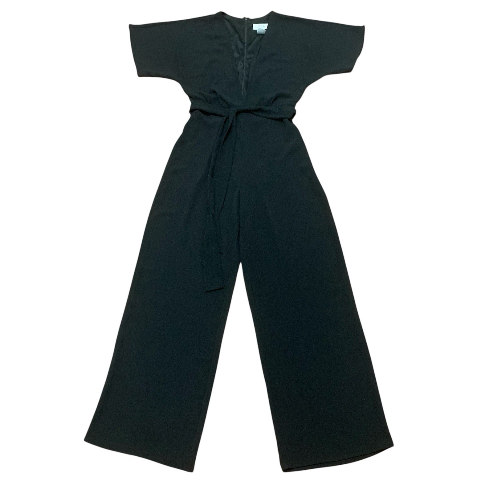 Women’s Black Jumpsuit Size S Sweet Storm V Neck Short Sleeve Tie Waist