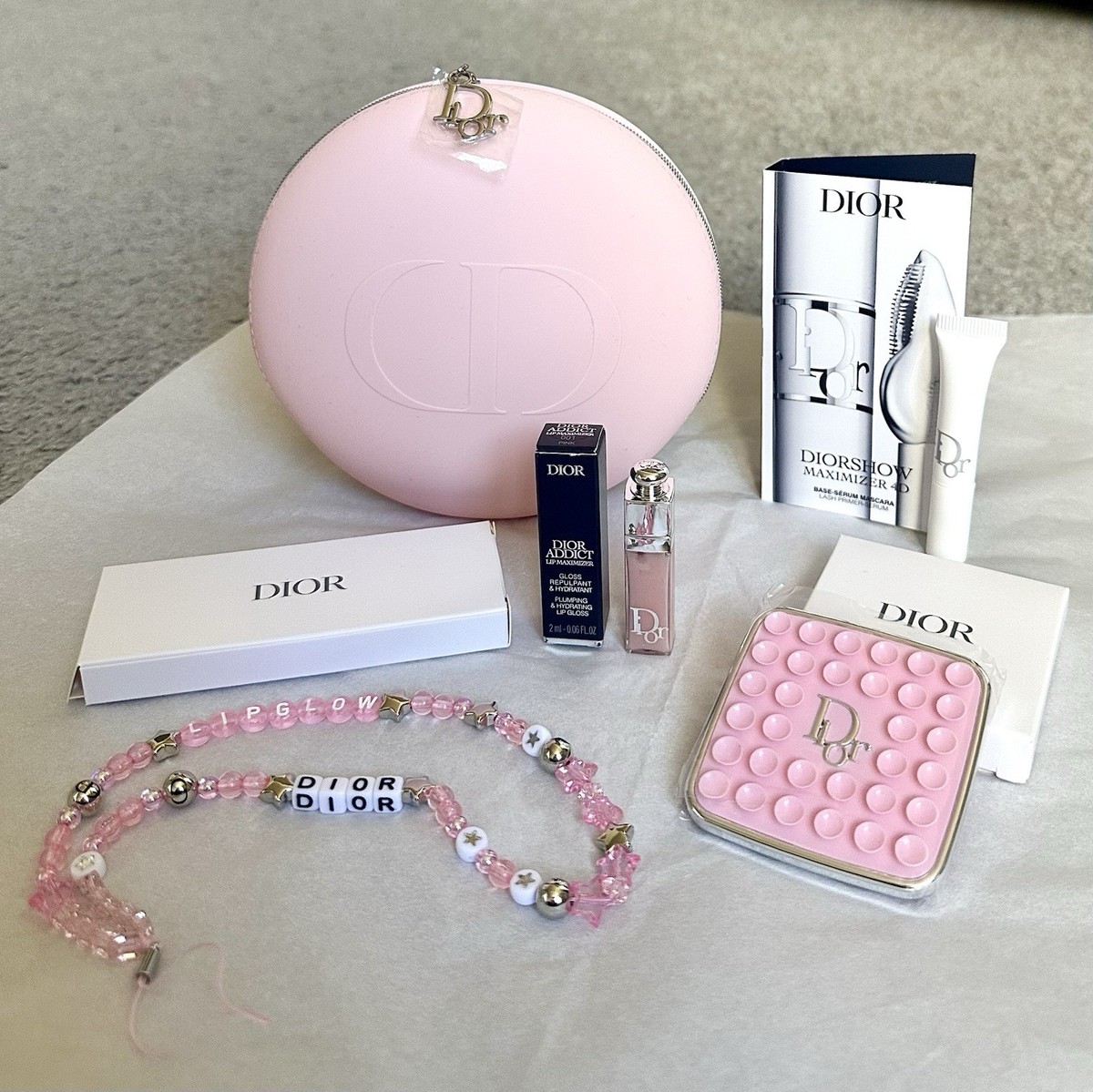 5PC DIOR Pink Beaded Phone Strap/Octobuddy Phone Grip/Lip