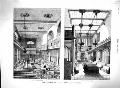 Original alter antiker Druck 1880 Häuser Parlament Commons Herren Gebäude 19.