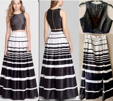 Xscape 2pc. Ball Gown Black Satin Crop Top  Striped Maxi Skirt Sz.10