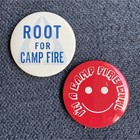 Lot of 2 Vintage Camp Fire Pinback Buttons: Root for Camp Fire & Camp Fire Girl — photo 1