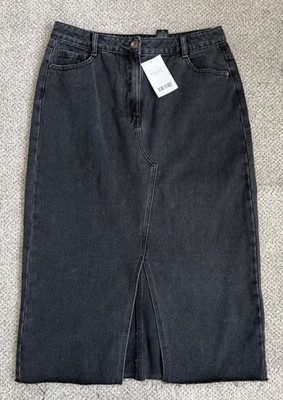 NEU NEXT Damen schwarz Frontschlitz reine Baumwolle Midi Denim Rock Gr. 12
