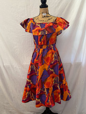 Nine West M Abstract Orange Purple Off Shoulder Ruffle Smocked Midi Dress