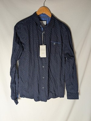 Craft  Flow Mens Large Navy Blue Heart Micro Print Long Sleeve Button Down Shirt