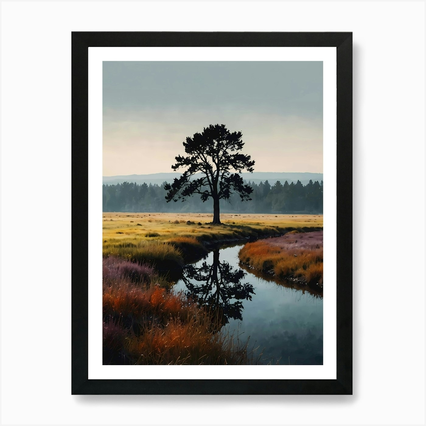 Lone Tree in Field Framed Art Print Canvas Wall Decor