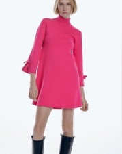 Zara Pink Mock Neck Sweater Mini Dress with Bow Sleeves Women's Small Mod Retro