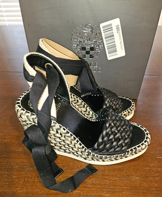 Vince Camuto Leather Espadrille Wedges Bryleigh Black Woven Heel Girls 5M Shoe