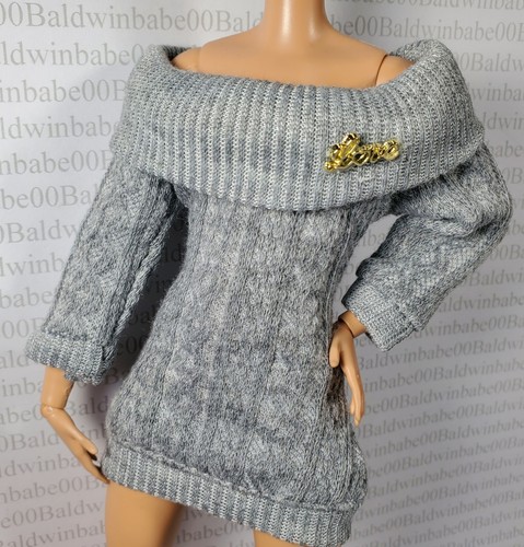 N30 ~ 11.5" FASHION DOLL GRAY LOVE SWEATER DRESS TOP CLOTHING FITS MADE TO MOVE