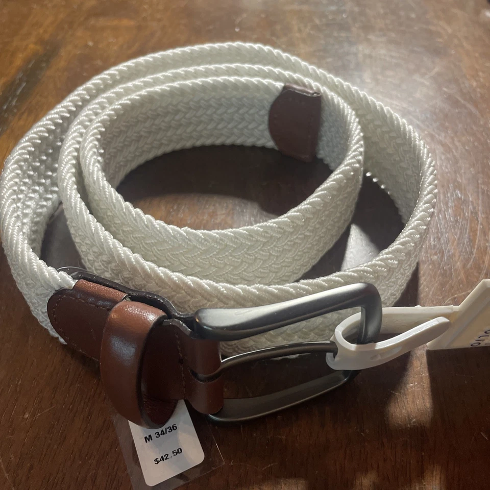 Cinturón elástico tejido Perry Ellis Portfolio para hombre beige caqui y marrón hebilla talla 34 Foto 4 de 4