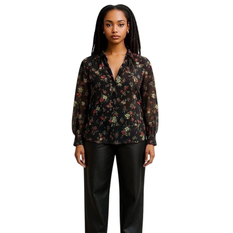 Alice + Olivia Julius Smocked Cuff Blouse Women's Black Floral Print Silk Blend - Image 3 of 4