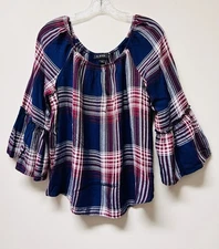 A. Byer Plaid Bell Sleeve Peasant Top Elastic Neckline Blouse Women’s XL Blue