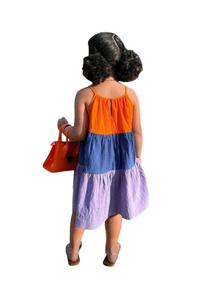 Vestido de verano para niñas con bloques de colores en capas, algodón, correa de espagueti estilo línea A Foto 3 de 4
