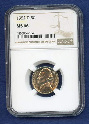 1952 D NGC MS66 Jefferson Nickel 5c US Mint Coin 1952-D MS-66 PQ !