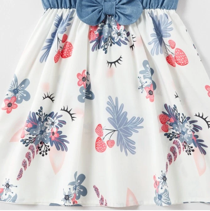 Girls dress strawberry unicorn blue chambray dress
