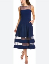 ADRIANNA PAPELL Navy Blue Sheer Panel Illusion Mesh Yoke & Hem Midi Dress 10 US